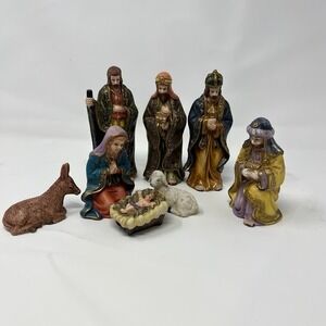 8 Piece Nativity Set Ceramic Hand Painted Figures Baby Jesus Mary Joseph Wise